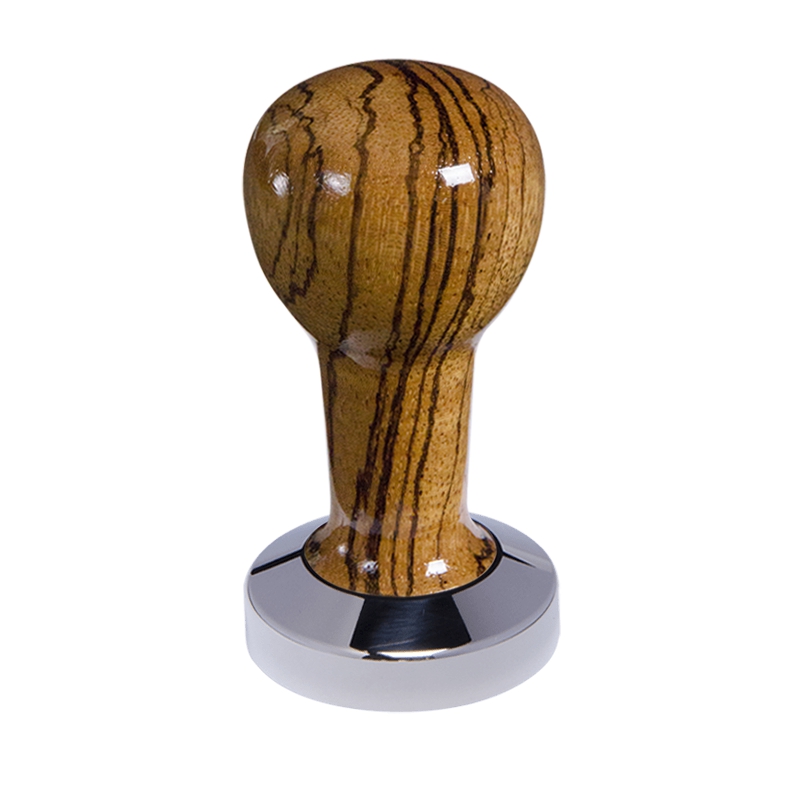 Buna café tamper, zebráno, lak, 49 mm, nerez lesk, plochý Buna café tamper, zebráno, lak, 49 mm, nerez lesk, plochý