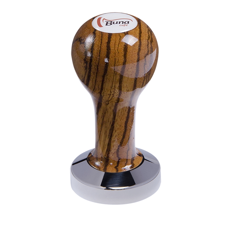 Buna café tamper, zebráno, lak, SP, 49 mm, nerez lesk, plochý Buna café tamper, zebráno, lak, SP, 49 mm, nerez lesk, plochý