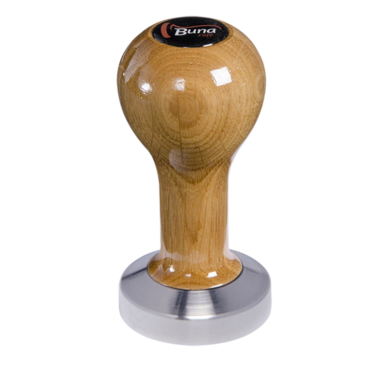 Buna café tamper, dub, lak, TP, 49 mm, nerez mat, plochý Buna café tamper, dub, lak, TP, 49 mm, nerez mat, plochý