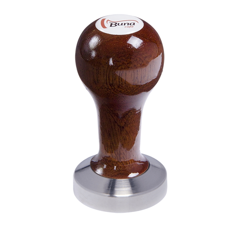 Buna café tamper, mahagon, lak, SP, 49 mm, nerez mat, plochý Buna café tamper, mahagon, lak, SP, 49 mm, nerez mat, plochý