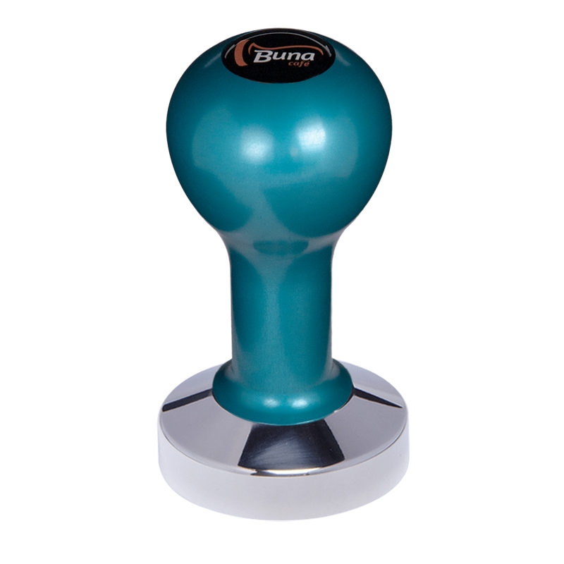 Buna café tamper, kov, modrý, TP, 57 mm, nerez lesk, plochý Buna café tamper, kov, modrý, TP, 57 mm, nerez lesk, plochý