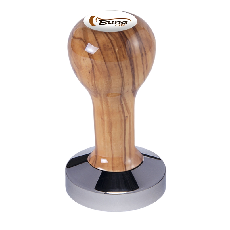 Buna café tamper, oliva, lak, SP, 58.35 mm, nerez lesk, konvexní Buna café tamper, oliva, lak, SP, 58.35 mm, nerez lesk, konvexní