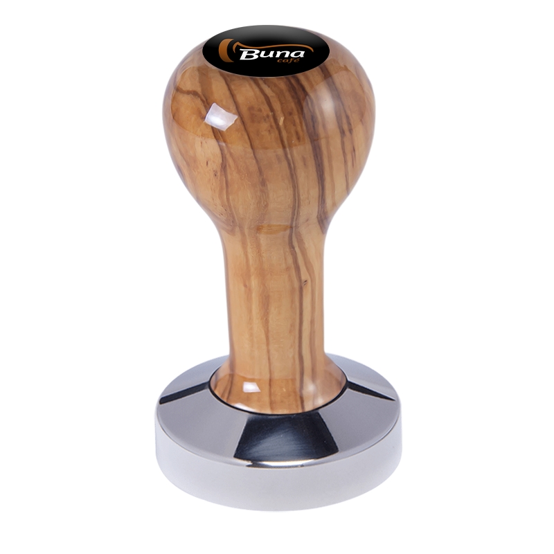 Buna café tamper, oliva, lak, TP, 58.35 mm, nerez lesk, plochý Buna café tamper, oliva, lak, TP, 58.35 mm, nerez lesk, plochý