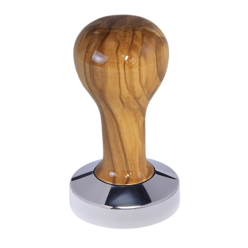Buna café tamper, oliva, lak, 58.35 mm, nerez lesk, plochý Buna café tamper, oliva, lak, 58.35 mm, nerez lesk, plochý