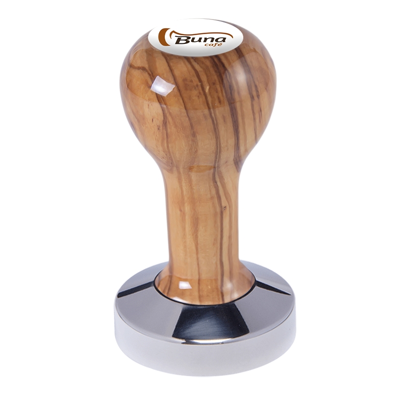 Buna café tamper, oliva, lak, SP, 58.35 mm, nerez lesk, plochý Buna café tamper, oliva, lak, SP, 58.35 mm, nerez lesk, plochý