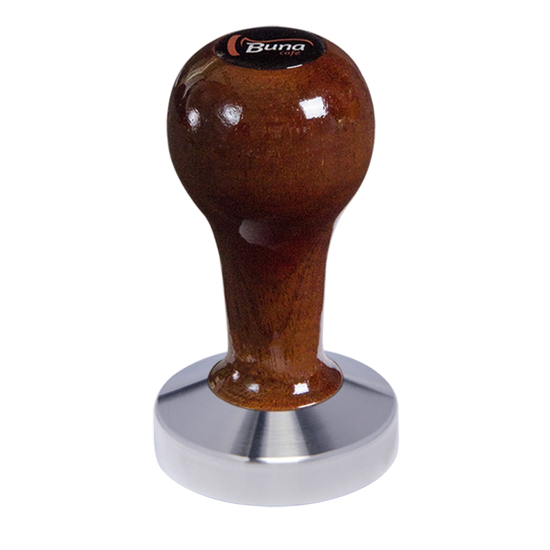 Buna café tamper, mahagon, lak, TP, 58.55 mm, nerez mat, plochý Buna café tamper, mahagon, lak, TP, 58.55 mm, nerez mat, plochý