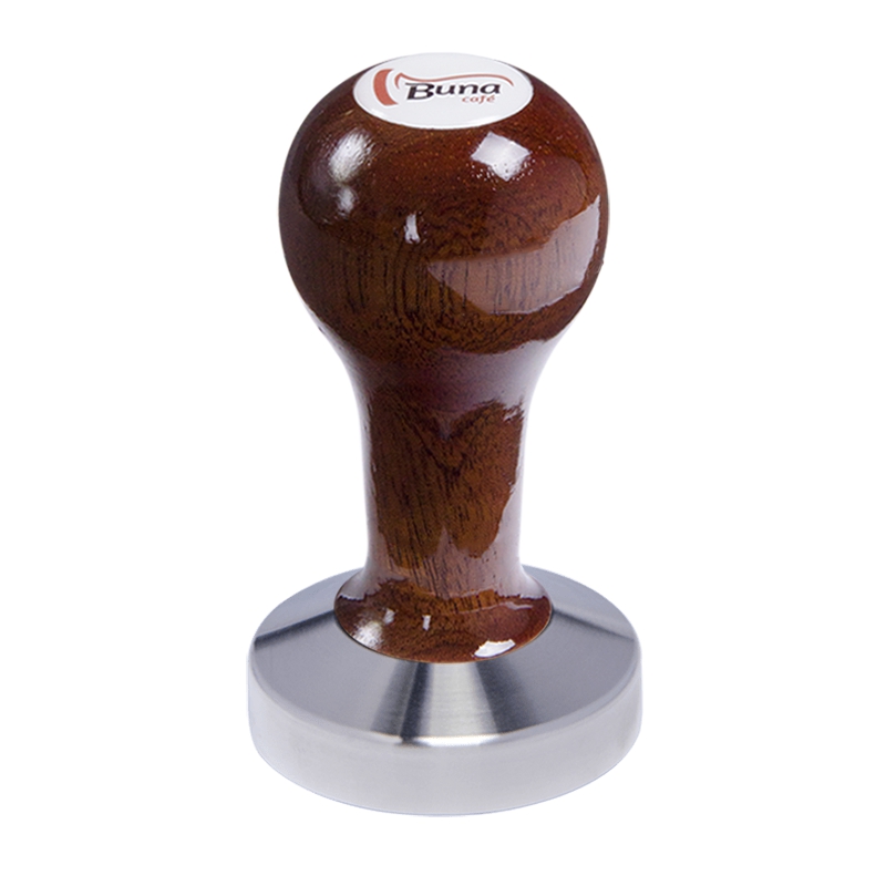 Buna café tamper, mahagon, lak, SP, 58.55 mm, nerez mat, plochý Buna café tamper, mahagon, lak, SP, 58.55 mm, nerez mat, plochý