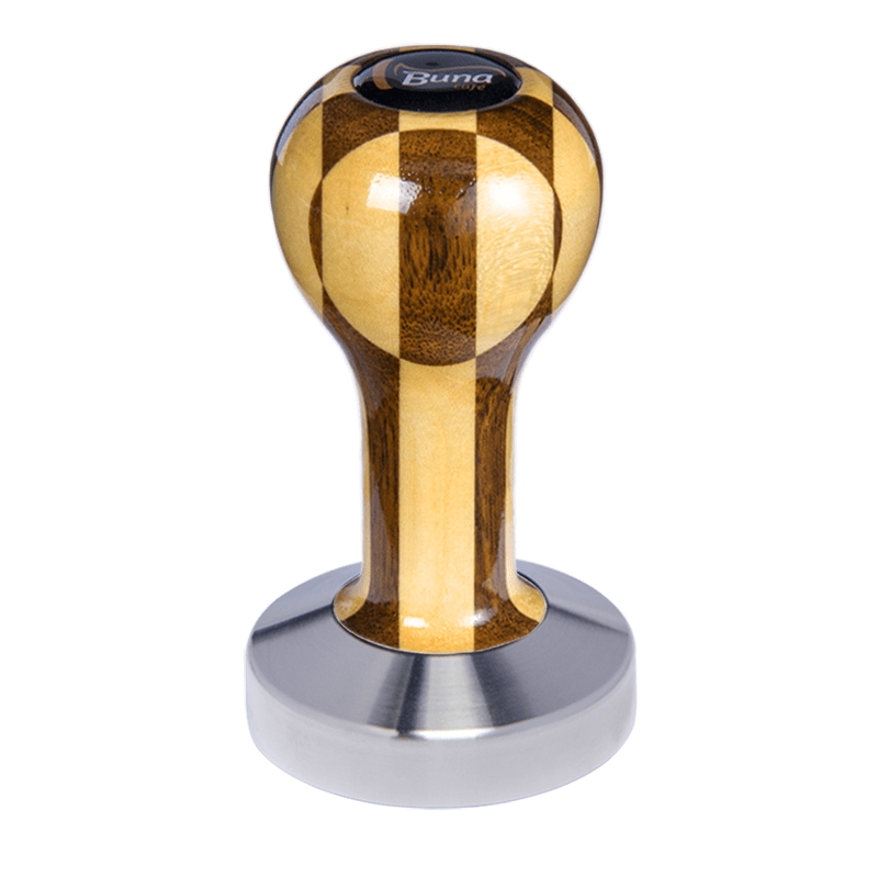 Buna café tamper, šachovnice, lak, TP, 58.55 mm, nerez mat, plochý Buna café tamper, šachovnice, lak, TP, 58.55 mm, nerez mat, plochý