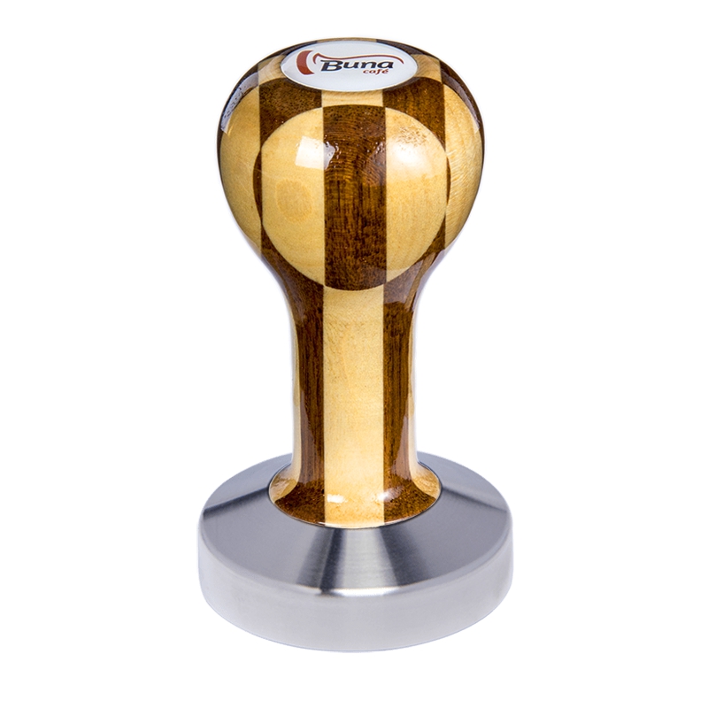 Buna café tamper, šachovnice, lak, SP, 58.55 mm, nerez mat, plochý Buna café tamper, šachovnice, lak, SP, 58.55 mm, nerez mat, plochý
