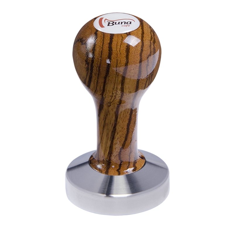 Buna café tamper, zebráno, lak, SP, 58.55 mm, nerez mat, plochý Buna café tamper, zebráno, lak, SP, 58.55 mm, nerez mat, plochý