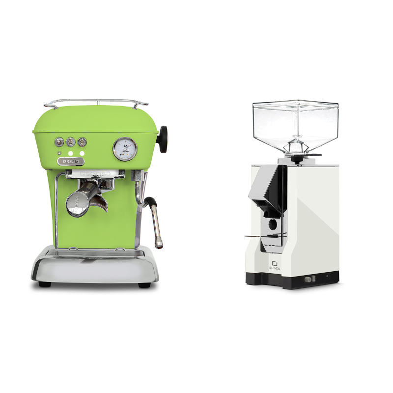 Ascaso Dream ONE, Fresh Pistachio + Eureka Mignon Silenzio, CR white Ascaso Dream ONE, Fresh Pistachio + Eureka Mignon Silenzio, CR white