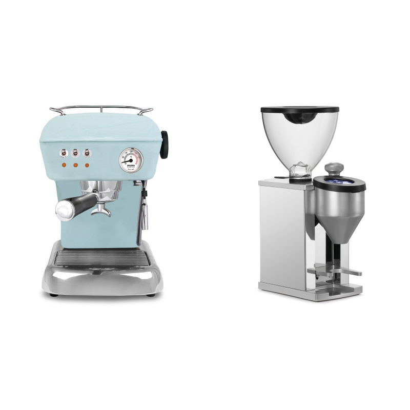 Ascaso Dream ZERO, Kid Blue + Rocket Espresso FAUSTINO, chrome Ascaso Dream ZERO, Kid Blue + Rocket Espresso FAUSTINO, chrome