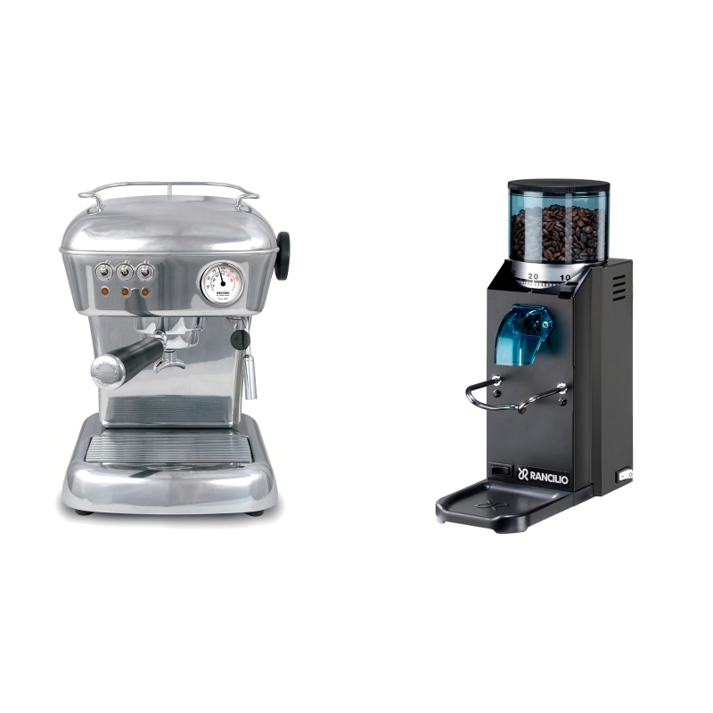 Ascaso Dream, leštěný hliník + Rancilio Rocky Doserless, černá Ascaso Dream, leštěný hliník + Rancilio Rocky Doserless, černá