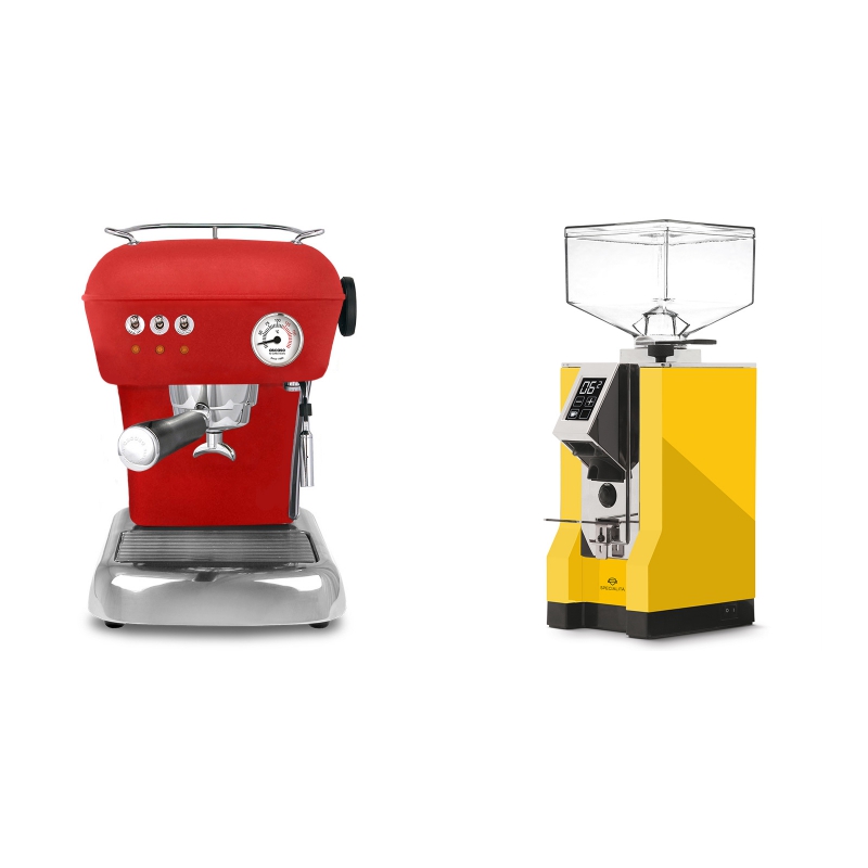 Ascaso Dream ZERO, Love Red + Eureka Mignon Specialita, CR yellow Ascaso Dream ZERO, Love Red + Eureka Mignon Specialita, CR yellow