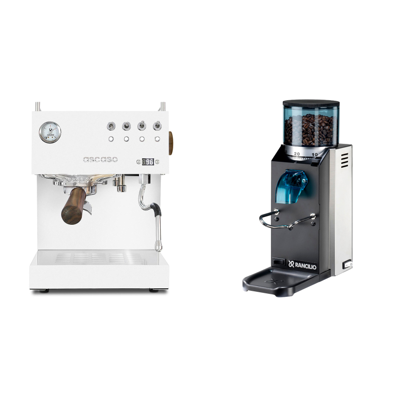 Ascaso Steel DUO PID, White&Wood + Rancilio Rocky Doserless Ascaso Steel DUO PID, White&Wood + Rancilio Rocky Doserless