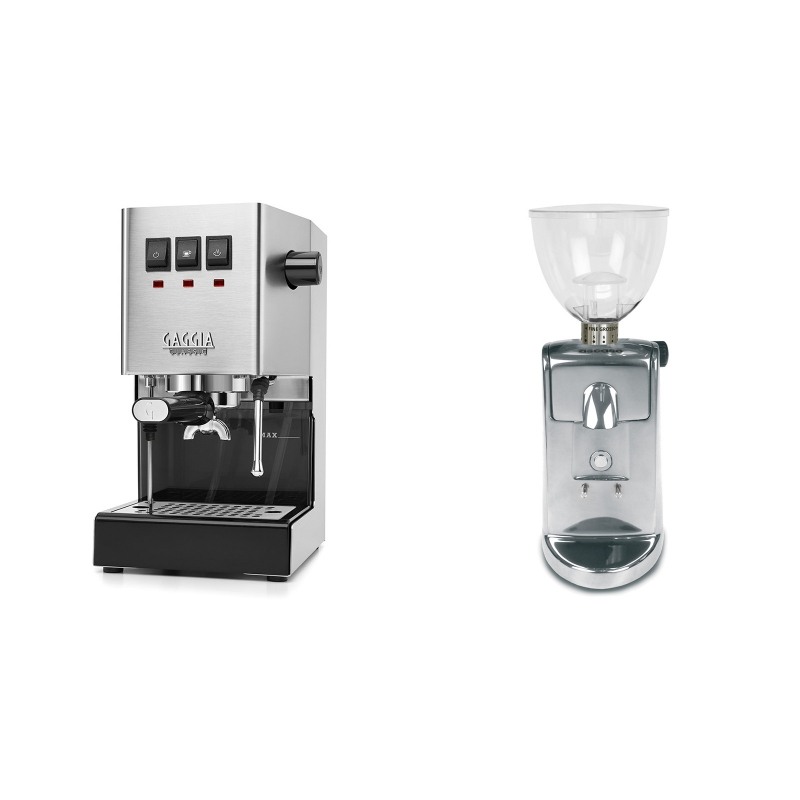 Gaggia New Classic + Ascaso i-mini i1, leštěný hliník Gaggia New Classic + Ascaso i-mini i1, leštěný hliník