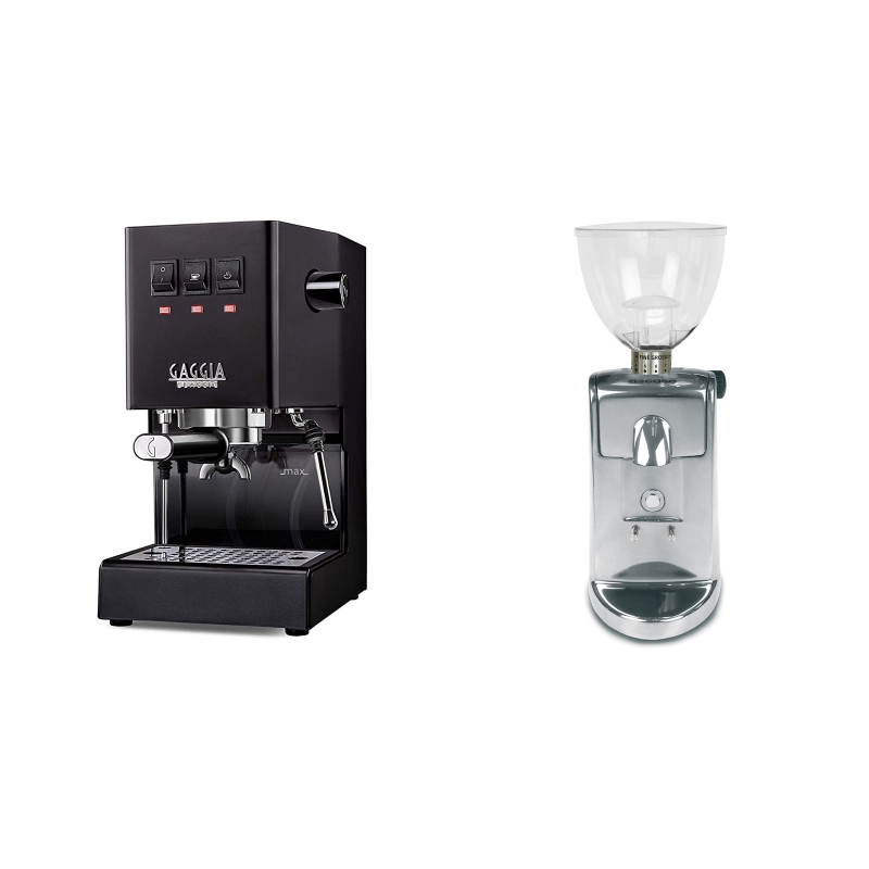 Gaggia New Classic, black + Ascaso i-mini i1, leštěný hliník Gaggia New Classic, black + Ascaso i-mini i1, leštěný hliník