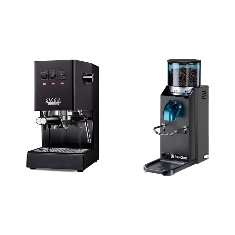 Gaggia New Classic, black + Rancilio Rocky Doserless, černá Gaggia New Classic, black + Rancilio Rocky Doserless, černá