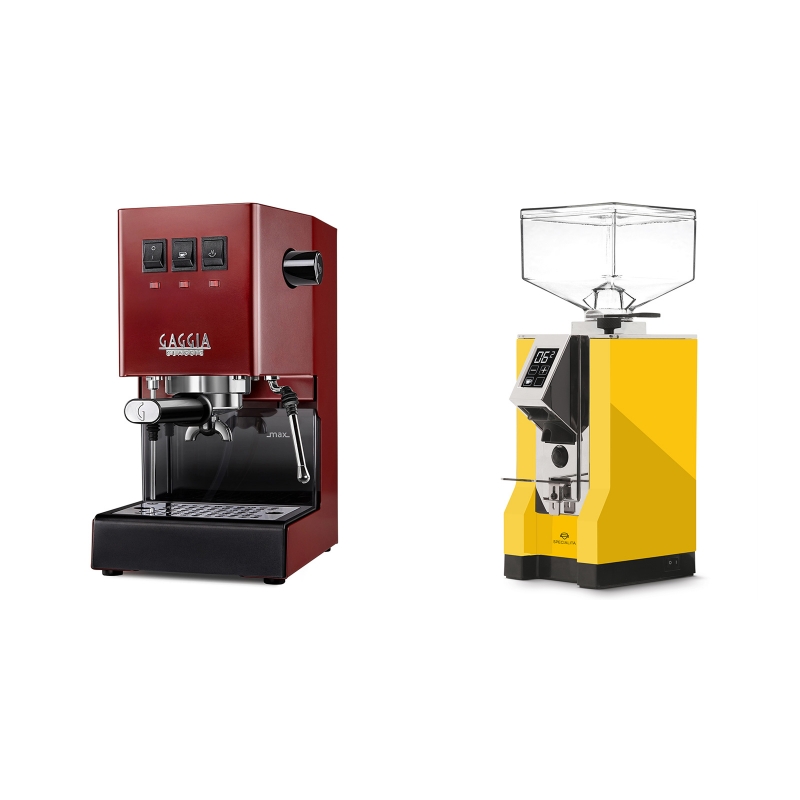 Gaggia New Classic, red + Eureka Mignon Specialita, CR yellow Gaggia New Classic, red + Eureka Mignon Specialita, CR yellow