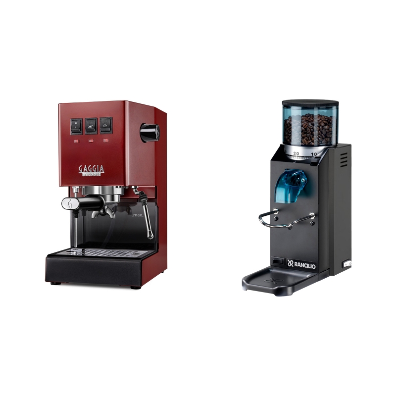 Gaggia New Classic, red + Rancilio Rocky Doserless, černá Gaggia New Classic, red + Rancilio Rocky Doserless, černá