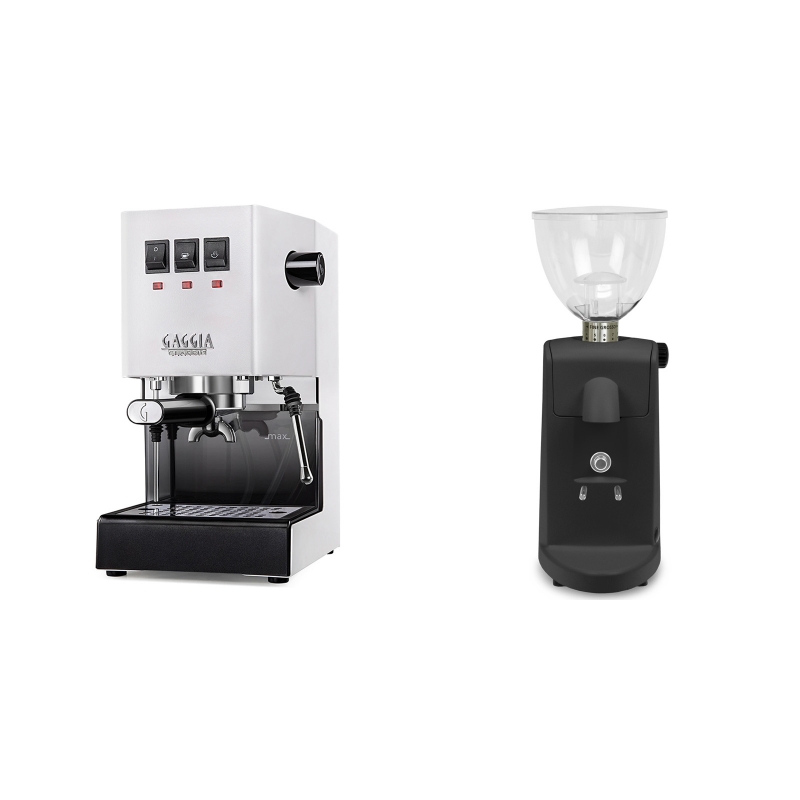 Gaggia New Classic, white + Ascaso i-mini i1, černá Gaggia New Classic, white + Ascaso i-mini i1, černá