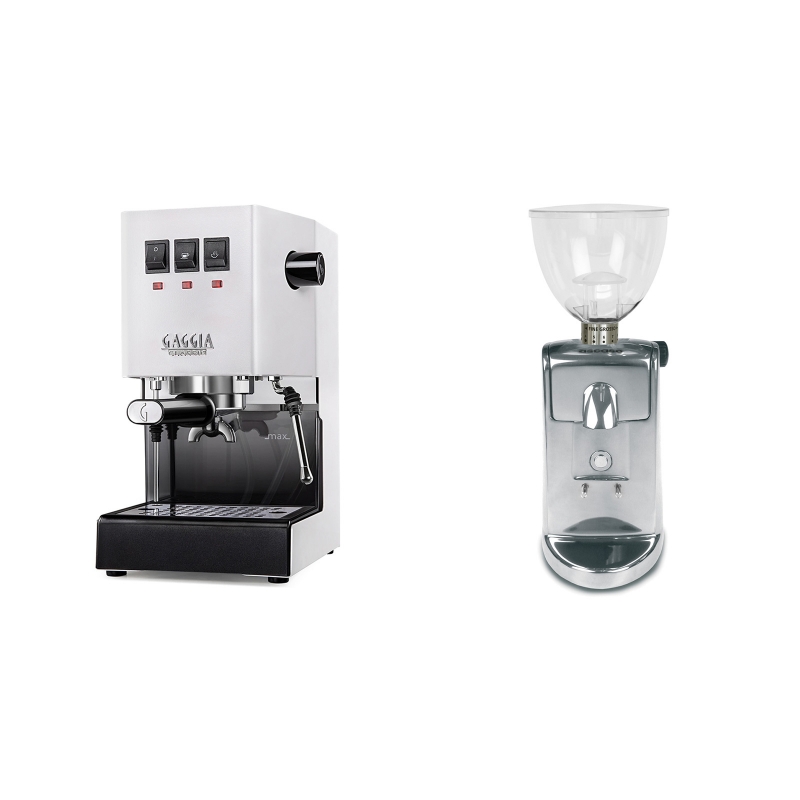Gaggia New Classic, white + Ascaso i-mini i1, leštěný hliník Gaggia New Classic, white + Ascaso i-mini i1, leštěný hliník