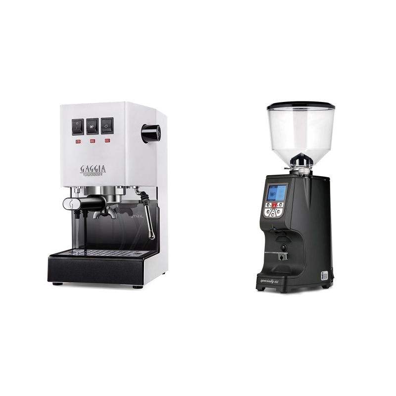 Gaggia New Classic, white + Eureka Atom Specialty 65, black Gaggia New Classic, white + Eureka Atom Specialty 65, black