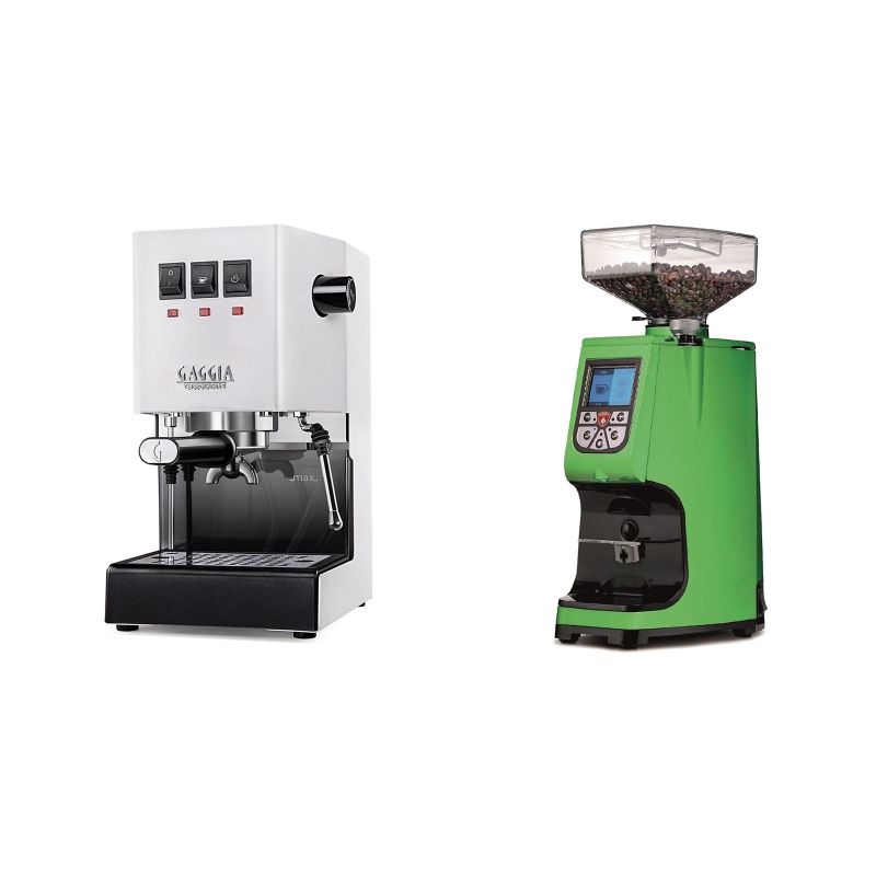Gaggia New Classic, white + Eureka Atom 60, kawasaki green Gaggia New Classic, white + Eureka Atom 60, kawasaki green