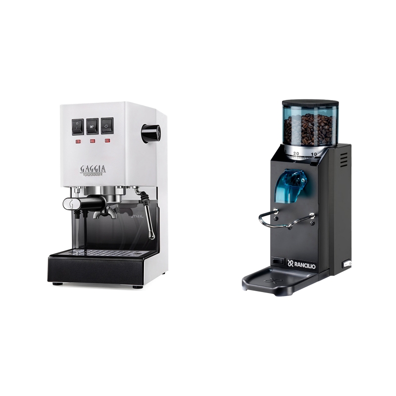 Gaggia New Classic, white + Rancilio Rocky Doserless, černá Gaggia New Classic, white + Rancilio Rocky Doserless, černá