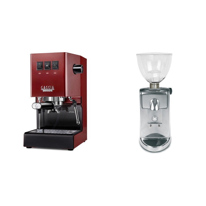 Gaggia New Classic BC, red + Ascaso i-mini i1, leštěný hliník Gaggia New Classic BC, red + Ascaso i-mini i1, leštěný hliník