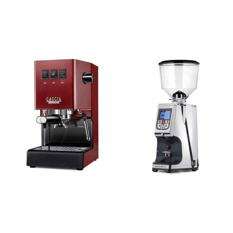 Gaggia New Classic BC, red + Eureka Atom Specialty 65, chrome Gaggia New Classic BC, red + Eureka Atom Specialty 65, chrome