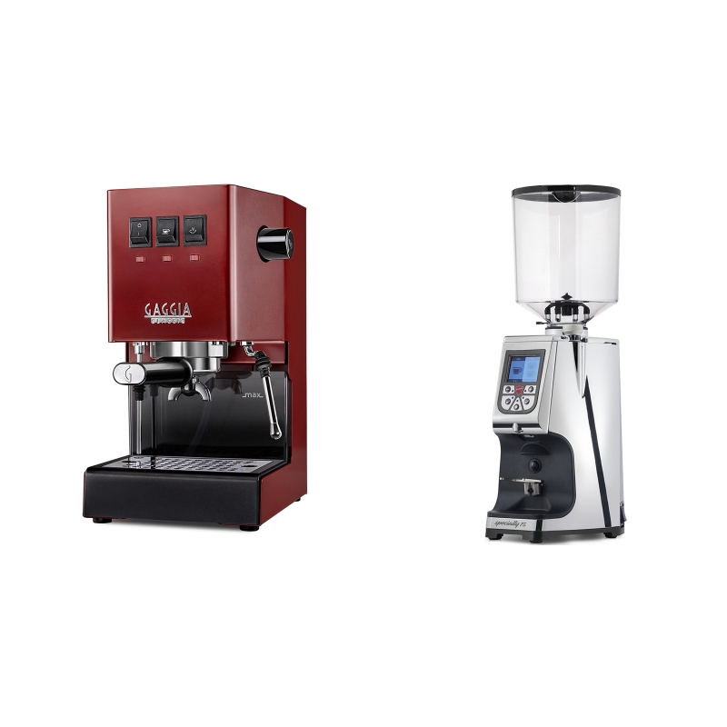 Gaggia New Classic BC, red + Eureka Atom Specialty 75, chrome Gaggia New Classic BC, red + Eureka Atom Specialty 75, chrome