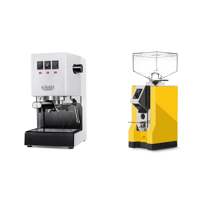 Gaggia New Classic BC, white + Eureka Mignon Specialita, CR yellow Gaggia New Classic BC, white + Eureka Mignon Specialita, CR yellow
