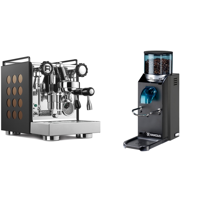 Rocket Espresso Appartamento, black/copper + Rancilio Rocky Doserless, černá Rocket Espresso Appartamento, black/copper + Rancilio Rocky Doserless, černá