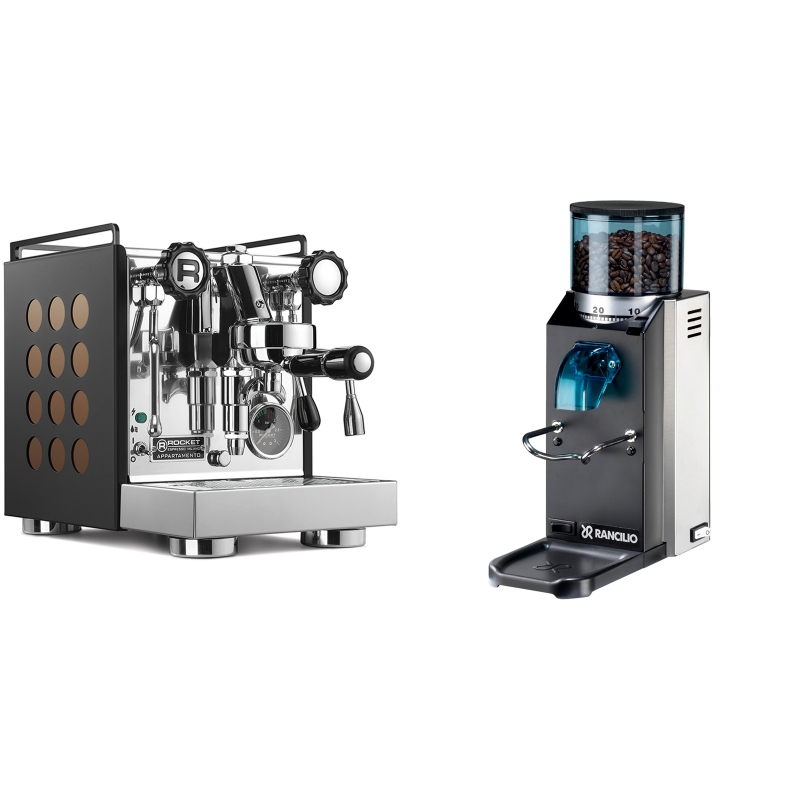 Rocket Espresso Appartamento, black/copper + Rancilio Rocky Doserless Rocket Espresso Appartamento, black/copper + Rancilio Rocky Doserless
