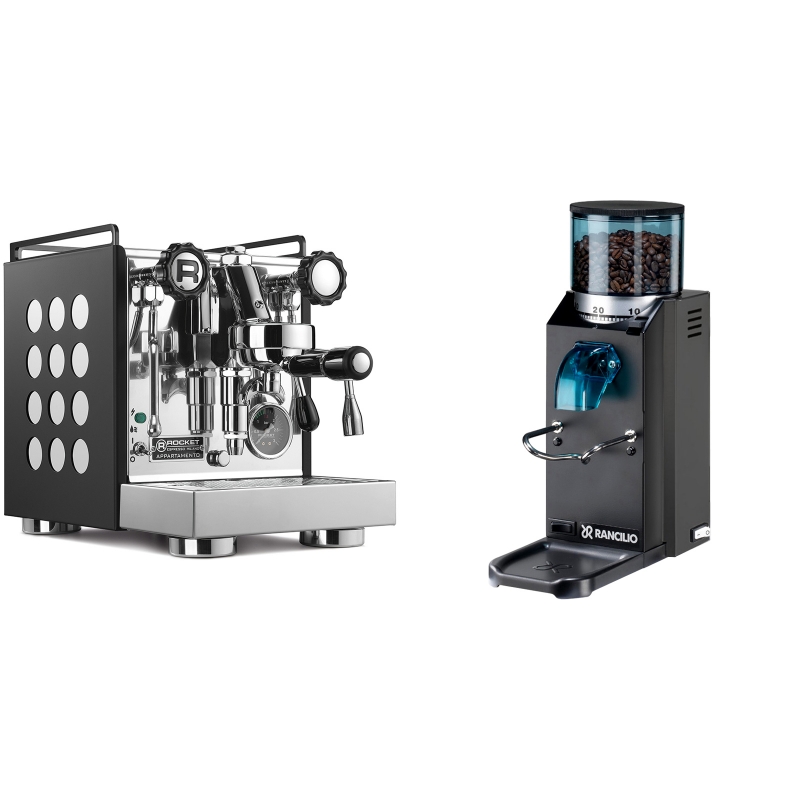 Rocket Espresso Appartamento, black/white + Rancilio Rocky Doserless, černá Rocket Espresso Appartamento, black/white + Rancilio Rocky Doserless, černá