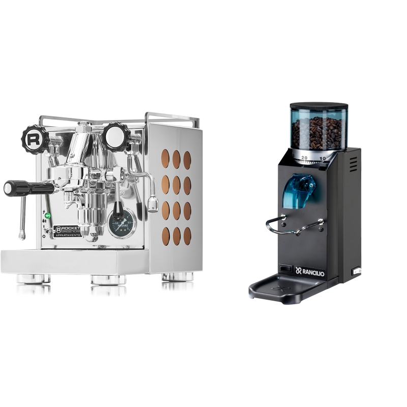 Rocket Espresso Appartamento, copper + Rancilio Rocky Doserless, černá Rocket Espresso Appartamento, copper + Rancilio Rocky Doserless, černá