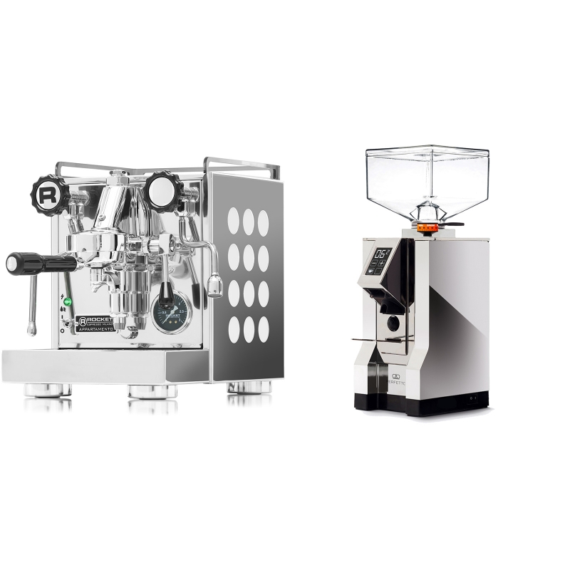 Rocket Espresso Appartamento, white + Eureka Mignon Perfetto, CR chrome Rocket Espresso Appartamento, white + Eureka Mignon Perfetto, CR chrome