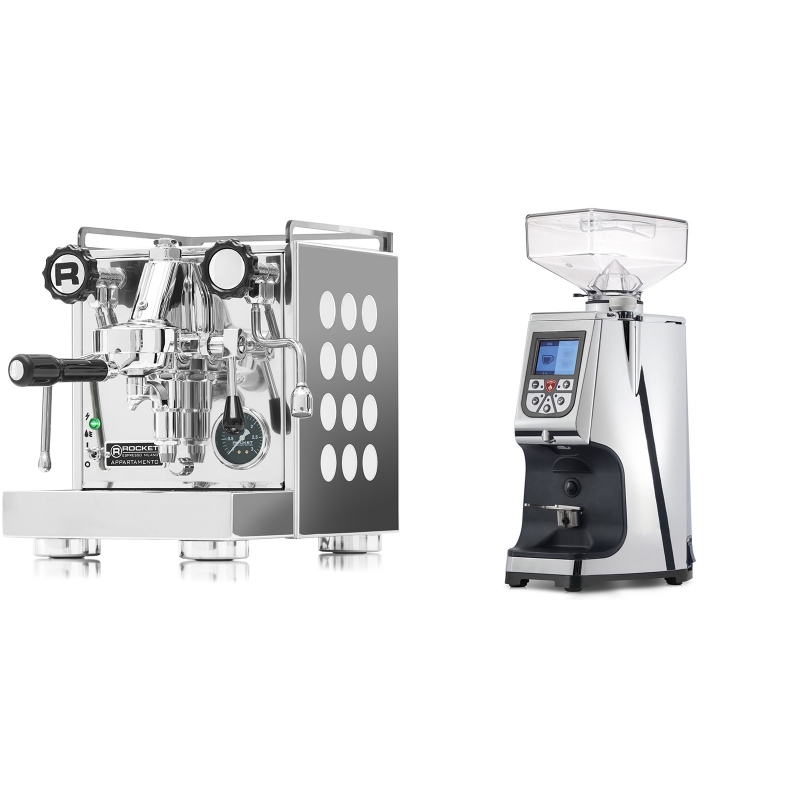 Rocket Espresso Appartamento, white + Eureka Atom 60, chrome Rocket Espresso Appartamento, white + Eureka Atom 60, chrome