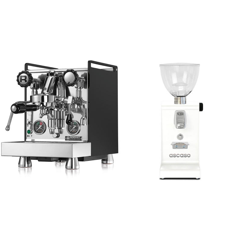 Rocket Espresso Mozzafiato Cronometro R, černá + Ascaso i-steel, bílá Rocket Espresso Mozzafiato Cronometro R, černá + Ascaso i-steel, bílá