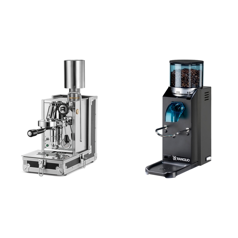 Rocket Espresso Porta Via + Rancilio Rocky Doserless, černá Rocket Espresso Porta Via + Rancilio Rocky Doserless, černá