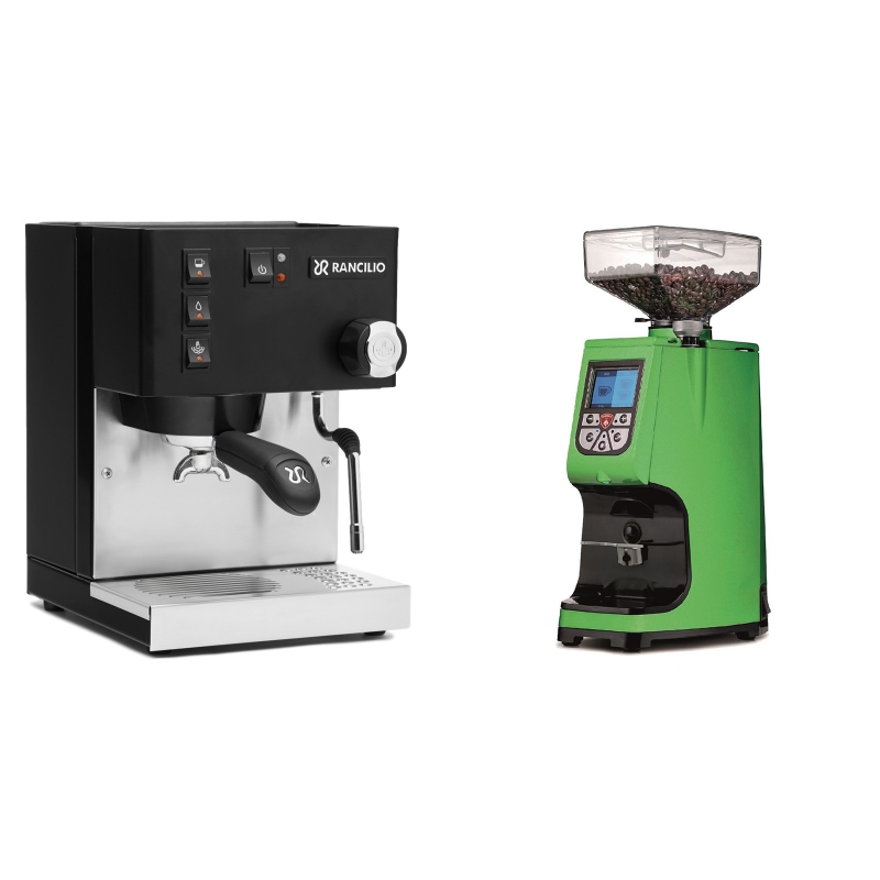 Rancilio Silvia E, černá + Eureka Atom 60, kawasaki green Rancilio Silvia E, černá + Eureka Atom 60, kawasaki green